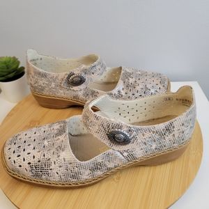RIEKER Doris anitstress metallic leather perforated square toe Mary Jane shoes